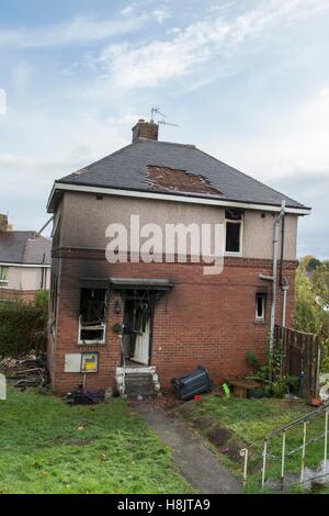 An extensively damaged council property in Sheffield following a suspected gas explosion from a faulty boiler Stock Photo