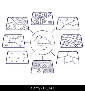 Vector Illustration of GIS Spatial Data Layers Concept for Infographic, Cloud Data Storage, Geographic Information System, Icons Stock Vector