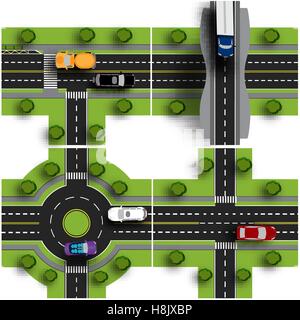 Black white traffic roads intersections elements top view with ...