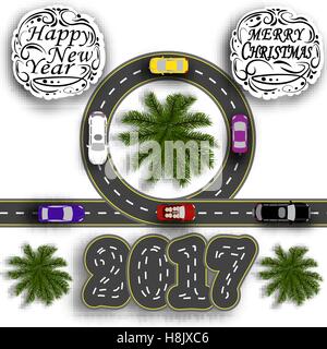 Greeting card with holidays. Travel the holidays. Road with a marking. Cars. Greeting inscription Happy New Year 2017 and Merry Christmas. illustration Stock Vector