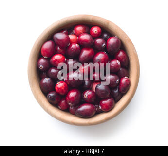 The tasty american cranberries in bowl isolated on white background. Top view. Stock Photo