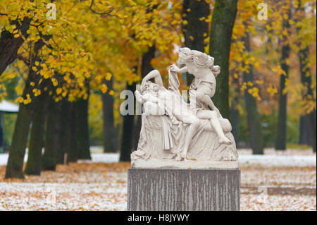 Cupid and Psyche in Summer Garden after the first snowfall, St. Petersburg, Russia Stock Photo