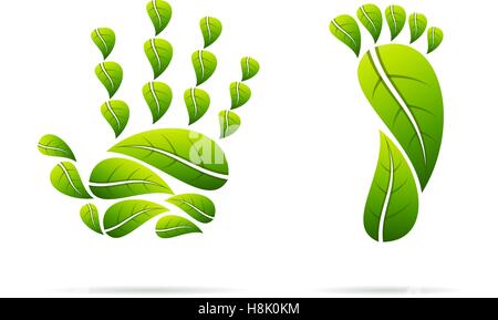 Ecological concept icons with green leaves shaped as hand and foot. Vector illustration image. Stock Vector