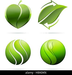 Ecological concept icons with green leaves shaped as heart, recycling and yin yang. Vector illustration image. Stock Vector