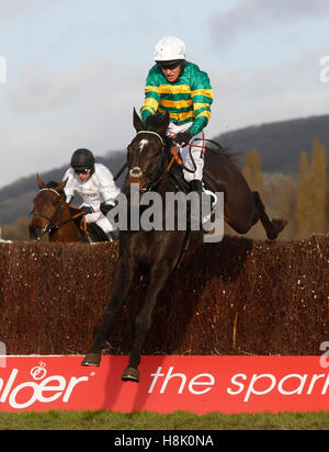 Le Prezien ridden by Barry Geraghty clears the last fence before going on to win The Racing Post Arkle Trophy Trial Novices' Steeple Chase run during The Open Sunday of The Open Festival at Cheltenham Racecourse. Stock Photo