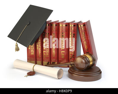 Justice, learning different fields of law concept. Books, graduation hat,  judge gavel and diploma isolated on white. 3d illustr Stock Photo