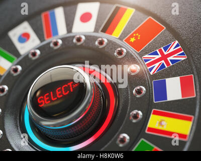 Online learning language or choice language on the web site concept. Online translator. Switch knob button with flags. 3d illust Stock Photo