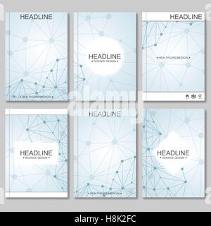 Science vector background. Modern vector templates for brochure, flyer, cover magazine or report in A4 size. Molecule structure and communication on the blue background. Stock Vector