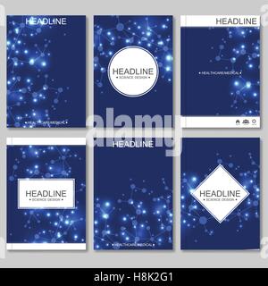 Science vector background. Modern vector templates for brochure, flyer, cover magazine or report in A4 size. Molecule structure and communication on the blue background. Stock Vector