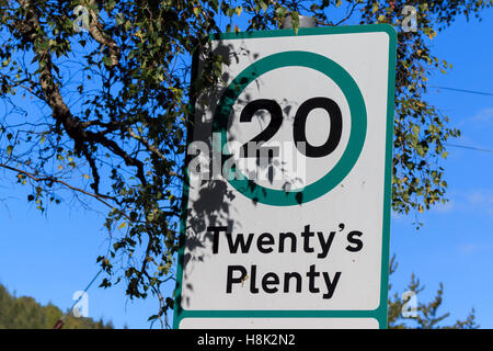 Twenty is plenty, twenty's plenty speed limit road sign as seen all