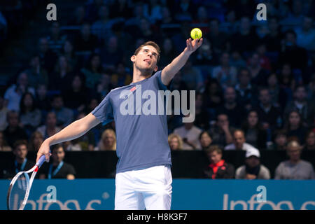 Novak Djokovic (SRB) VS Dominic Thiem (AUT) play the first mach of Round Robin ATP Finals at The O2 Stock Photo