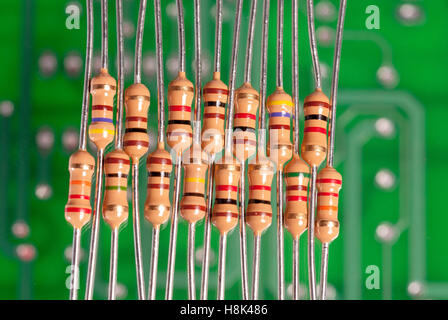 Many resistors on a circuit board with color code Stock Photo