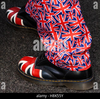 Shoes and trousers decorated with multiple British union flags. London, UK. Stock Photo