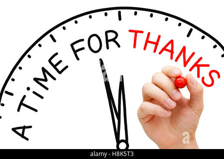 Hand writing A Time For Thanks with marker on transparent wipe board. Stock Photo