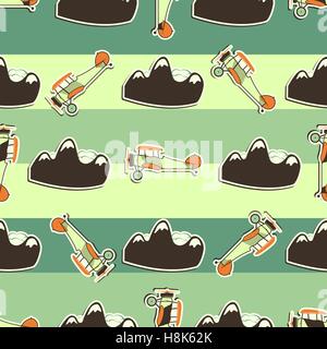 Cute airplane pattern. Doodle style. Old Biplanes seamless background with cartoon planes, mountain. Retro aircraft wallpaper and design elements. Best for kids gifts, travel companies. Vector. Stock Vector