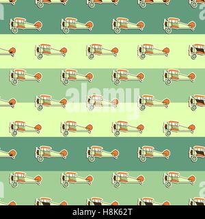 Cute airplane pattern. Doodle style. Old Biplanes seamless background with cartoon planes. Retro aircraft wallpaper and design elements. Aviation theme. Best for kids gifts, travel companies. Vector. Stock Vector
