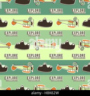 Cute airplane pattern. Doodle style. Old Biplanes seamless background with cartoon plane, mountains. Retro aircraft wallpaper and design elements. Best for kids gifts, travel companies. Vector. Stock Vector
