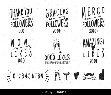 Set of vintage Thanks badges. Social media Followers labels and likes stickers. Handwriting lettering with hipster elements - ribbons, arrows, sunbursts, beard. Vector design on retro background. Stock Vector