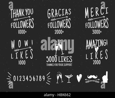Set of vintage Thank you badges. Social media Followers labels and likes stickers. Handwriting lettering with hipster elements - ribbons, arrows, sunbursts, beard. Vector design on retro background. Stock Vector