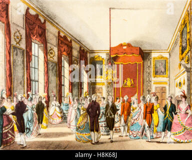 The Drawing Room at St James's Palace in Georgian times (1714-1830), a colour engraving from 'The Microcosm of London' (1943)