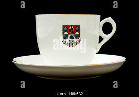 1940s "Berwick-on-Tweed" crested cup and saucer by Rosina China Co, Longton, Stoke-on-Trent Stock Photo