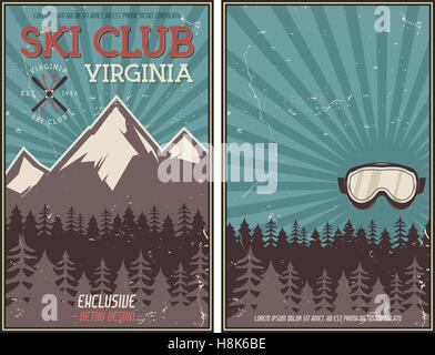 Retro summer or winter holiday poster. Travel and vacation brochure Camping promotional banner. Vintage goggles, mountains, trees, ski snowboard vector design concept elements. Motivational lettering Stock Vector