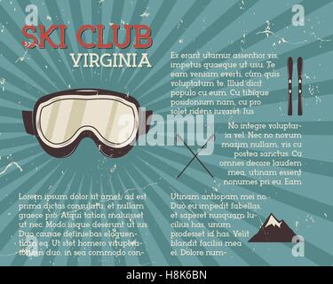 Retro summer or winter holiday poster, infographics Travel and vacation brochure. Camping promotional banner. Vintage mountains, ski, snowboard vector design concept, elements. Motivational lettering Stock Vector