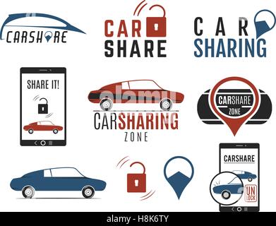 Car share logo designs set. Car Sharing vector concepts. Collective usage of cars via web application. Carsharing icons, elements and symbols collection. Use for webdesign or print. Color palette. Stock Vector