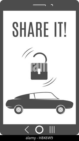Car share logo design. Car Sharing vector concept. Collective usage of cars via web application. Carsharing icon, car rental element and tablet symbol. Use for webdesign or print. Monochrome design. Stock Vector