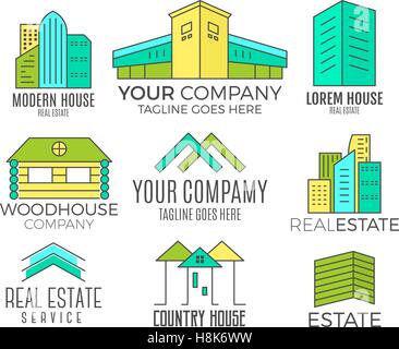 Set of vector house logo designs, real estate icon suitable for info graphics, websites and print media. Vector, flat icon, badges, labels, clip art. Lineart style. Thin line design. Color design. Stock Vector