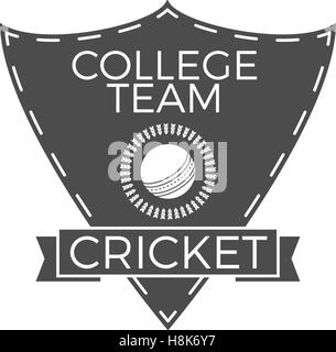 Cricket college team emblem and shield. Cricket team logo design. Cricket club badge. Sports symbols with cricket gear, equipment. Use for web design, tee design or print on t-shirt. Monochrome. Stock Vector