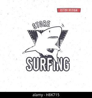 Vintage Surfing Store Badge design. Surf gear shop Emblem for web design or print. Retro shark logo design. Surf equipment Label. Surfer seal, stamp. Summer insignia. Vector hipster icon Stock Vector