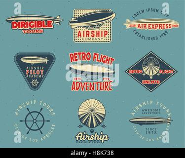 Vintage airship logo designs set. Retro Dirigible badges collection. Airplane Label vector design. Old airship design. Use as fly logos, labels, stamps, patches for web design, tee design, t-shirt Stock Vector