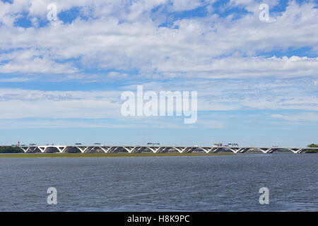 A view on Woodrow Wilson Bridge from National Harbor, Oxon Hill, Maryland, USA on bright sunny morning. Stock Photo