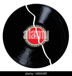 A broken LP vinyl record with red label and a circle of piano keys all over a white background. Stock Vector
