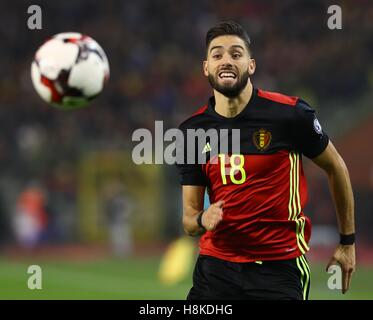 Brussels, Belgium. 13th Nov, 2016. Belgium's Yannick Ferreira-Carrasco vies for the ball during the World Cup 2018 football qualification match between Belgium and Estonia at the King Baudouin Stadium in Brussels, Belgium, Nov. 13, 2016. Belgium won 8-1. Credit:  Gong Bing/Xinhua/Alamy Live News Stock Photo