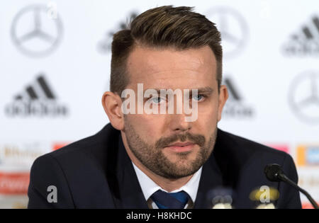 Lukas Brud, IFAB manager speaks during a FIFA press conference concerning the Video Assistant Referee in Milan, Italy, 14 November 2016. For the first time the ·Video Assistant Referee· (VAR) will be used during a match between Germany and Italy. After the match between Italy and France a few weeks ago this will be the second international test for the Video Assistant Referee. The new assistance should review the decisions made in the stadium by checking them in on TV screens. Photo: Guido Kirchner/dpa Stock Photo