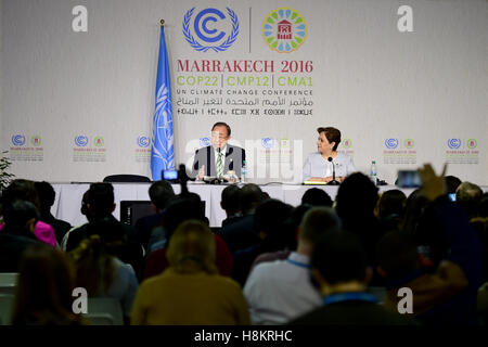 Marrakech, Morocco. 15th Nov, 2016. United Nations Secretary-General Ban Ki-moon (L) speaks during a press conference in Marrakech, Morocco, on Nov. 15, 2016. The joint High-Level Segment of the 22nd Conference of the Parties to the United Nations Framework Convention on Climate Change (COP22) and the 12th Conference of the Parties to the Kyoto Protocol (CMP12) opens here Tuesday. Credit:  Zhao Dingzhe/Xinhua/Alamy Live News Stock Photo