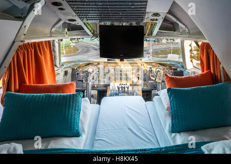 Stockholm, Arlanda, Sweden - The cockpit room at the Jumbo Stay (Jumbohostel), a hostel that is a converted Boeing 747 airliner. Stock Photo