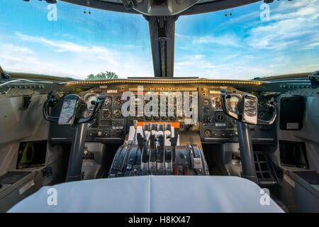 Stockholm, Arlanda, Sweden - The airplane controls inside the  cockpit room at the Jumbo Stay (Jumbohostel), a hostel that is a  Stock Photo
