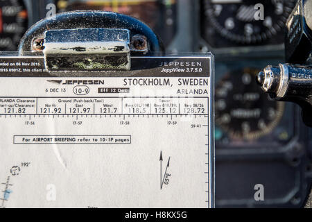 Stockholm, Arlanda, Sweden - An airport briefing and the old controls inside the cockpit room at the Jumbo Stay (Jumbohostel), a Stock Photo
