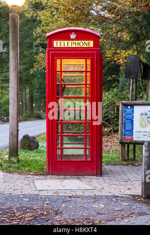 A traditional red British public telephone box at Centre Parcs Longleat Forest in Wiltshire Stock Photo