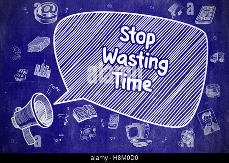 Stop Wasting Time - Doodle Illustration on Blue Chalkboard. Stock Photo