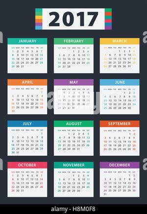 Calendar for 2017 on gray background Stock Vector