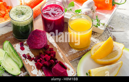Detox. Healthy diet eating. Colorful fruits and vegetables. View from above Stock Photo