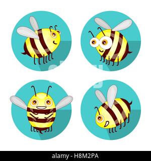 Cartoon set flat bees isolated on white background vector Stock Vector