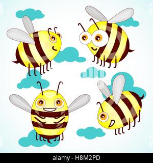 Set cartoon cute bees on sky with clouds vector illustration Stock Vector