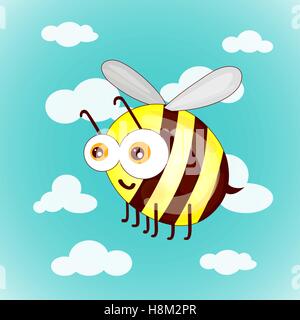 Cartoon cute bees on sky with clouds vector illustration Stock Vector