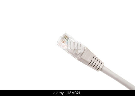 Gray computer ethernet cable isolated on white background, close-up Stock Photo