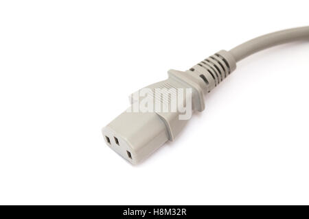 Gray computer power cable isolated on white background, close-up Stock Photo